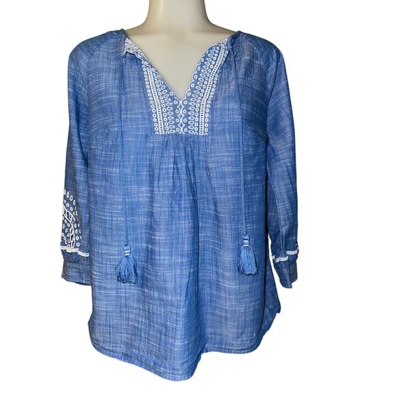 Talbots Women’s Size Small Embroidered Eyelet Tassel Tie Top Peasant Blouse - Picture 2 of 8